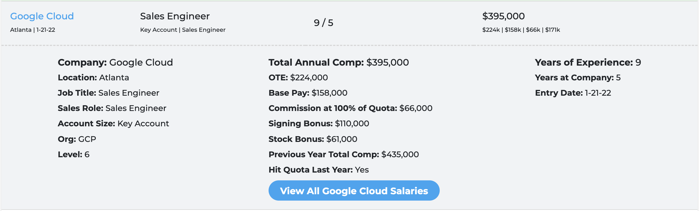 Google Cloud Sales Engineer Compensation Entry Screenshot